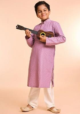 Purple Embroidered Blended Kurta Set For Boys
