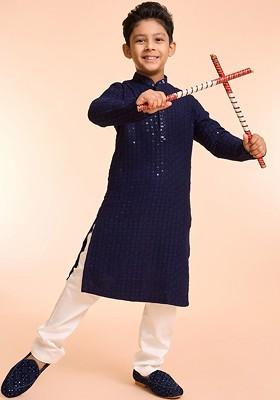 Navy Blue Embroidered Blended Kurta Set For Boys