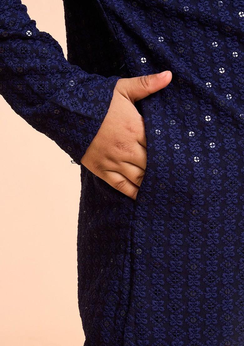 Navy Blue Embroidered Blended Kurta Set For Boys - Indya