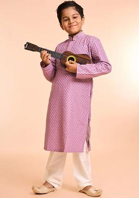 Purple Embroidered Blended Kurta Set For Boys