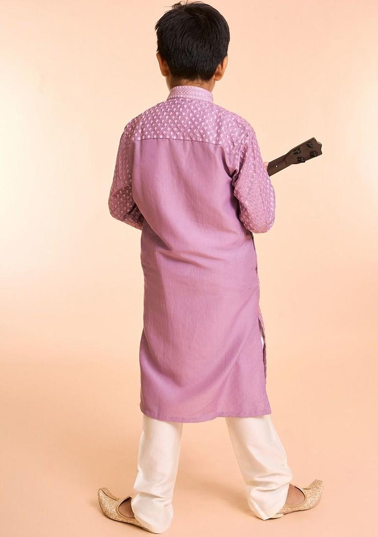 Purple Embroidered Blended Kurta Set For Boys - Indya
