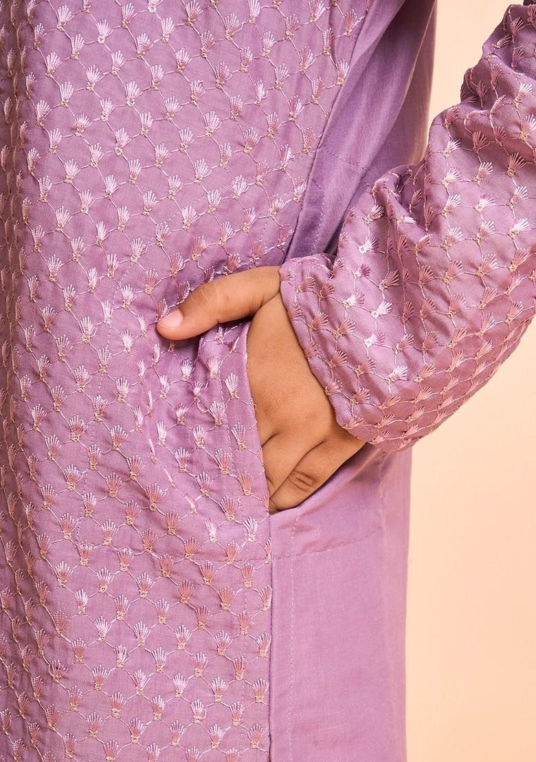 Purple Embroidered Blended Kurta Set For Boys - Indya