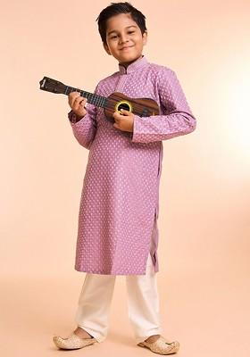 Purple Woven Design Blended Kurta Set For Boys