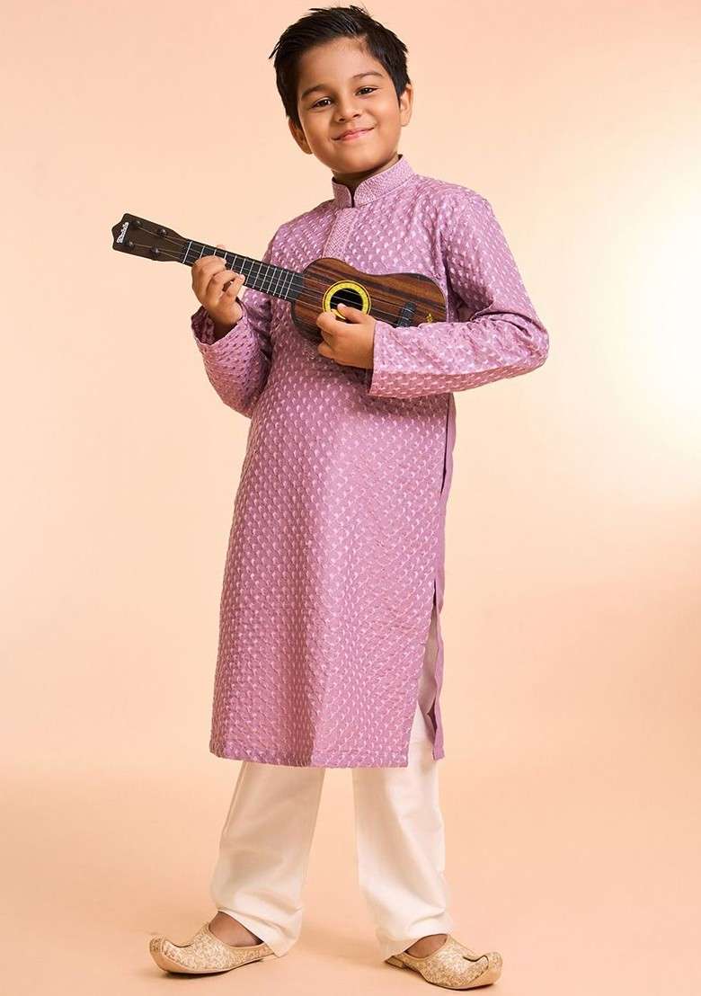 Purple Woven Design Blended Kurta Set For Boys - Indya