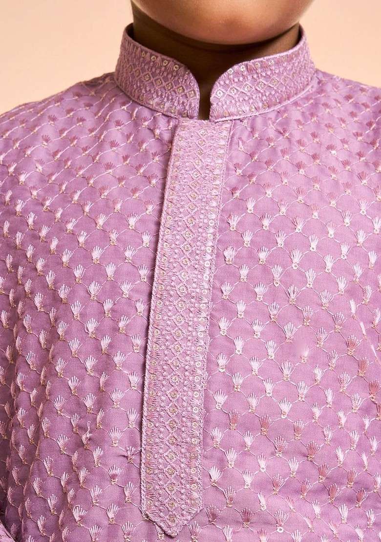 Purple Woven Design Blended Kurta Set For Boys - Indya