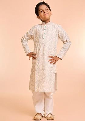 Cream Printed Blended Kurta Set For Boys