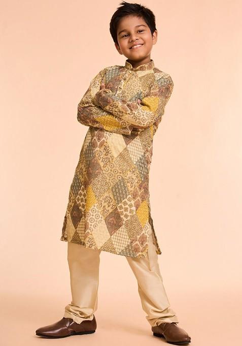 Green Printed Blended Kurta Set For Boys — view on Indya
