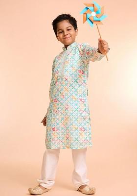 Green Printed Blended Kurta Set For Boys