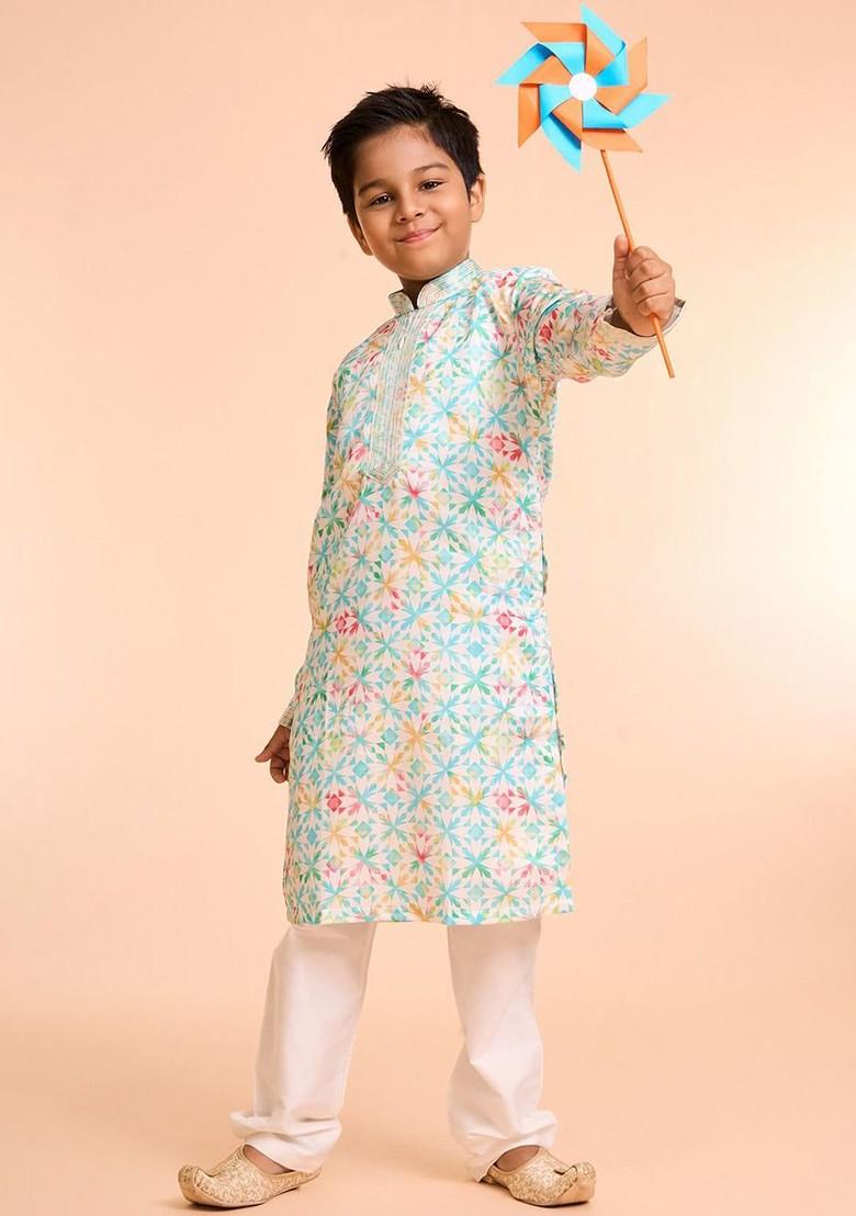 Green Printed Blended Kurta Set For Boys - Indya