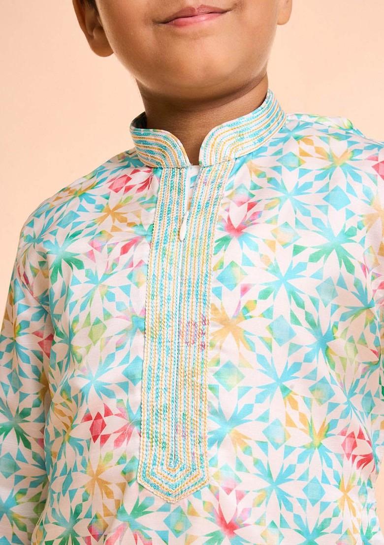 Green Printed Blended Kurta Set For Boys - Indya