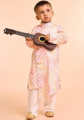 Peach Printed Blended Kurta Set For Boys