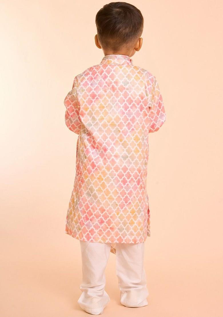 Peach Printed Blended Kurta Set For Boys - Indya