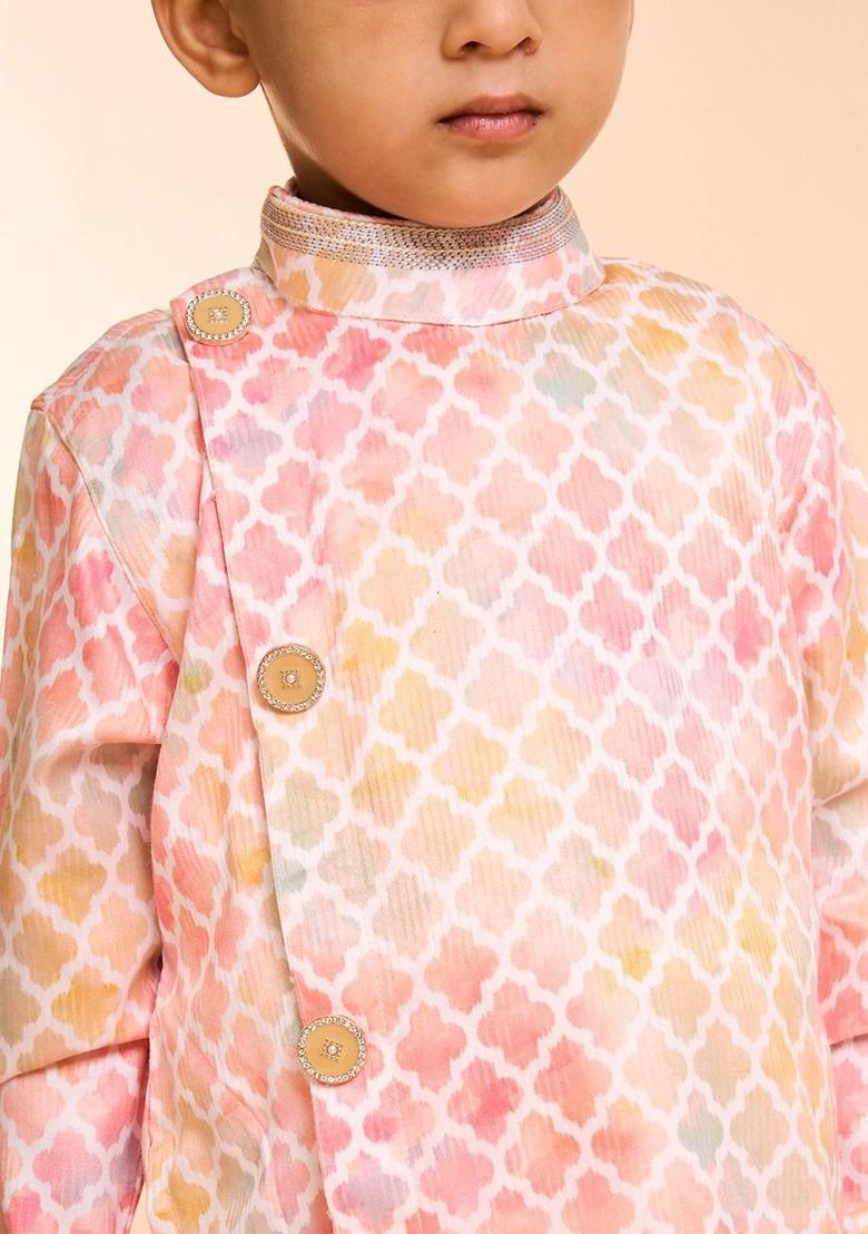 Peach Printed Blended Kurta Set For Boys - Indya