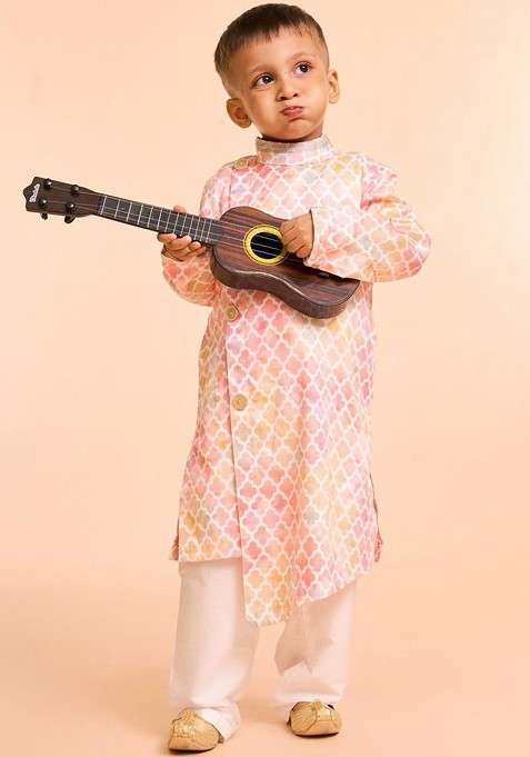 Peach Printed Blended Kurta Set For Boys