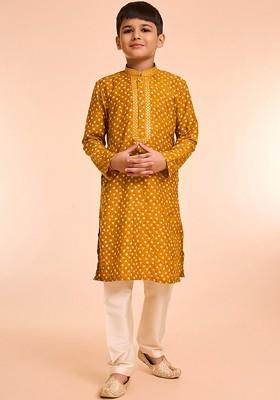 Yellow Printed Blended Kurta Set For Boys
