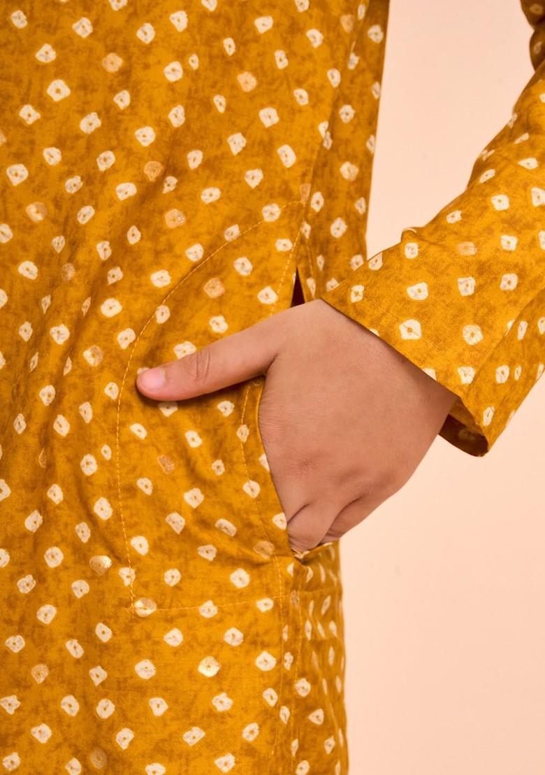 Yellow Printed Blended Kurta Set For Boys - Indya