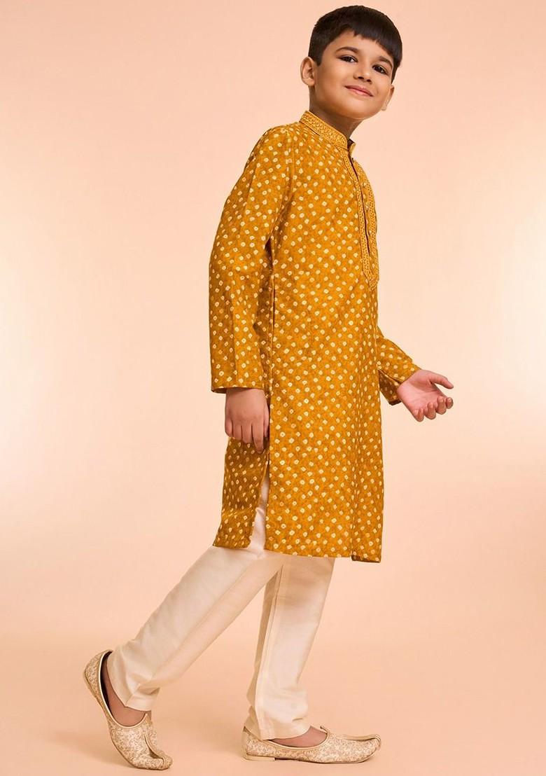 Yellow Printed Blended Kurta Set For Boys - Indya