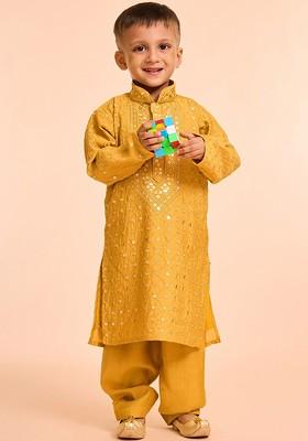 Yellow Embroidered Blended Kurta Set For Boys