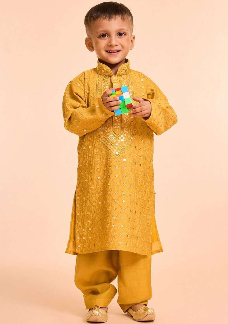 Yellow Embroidered Blended Kurta Set For Boys - Indya