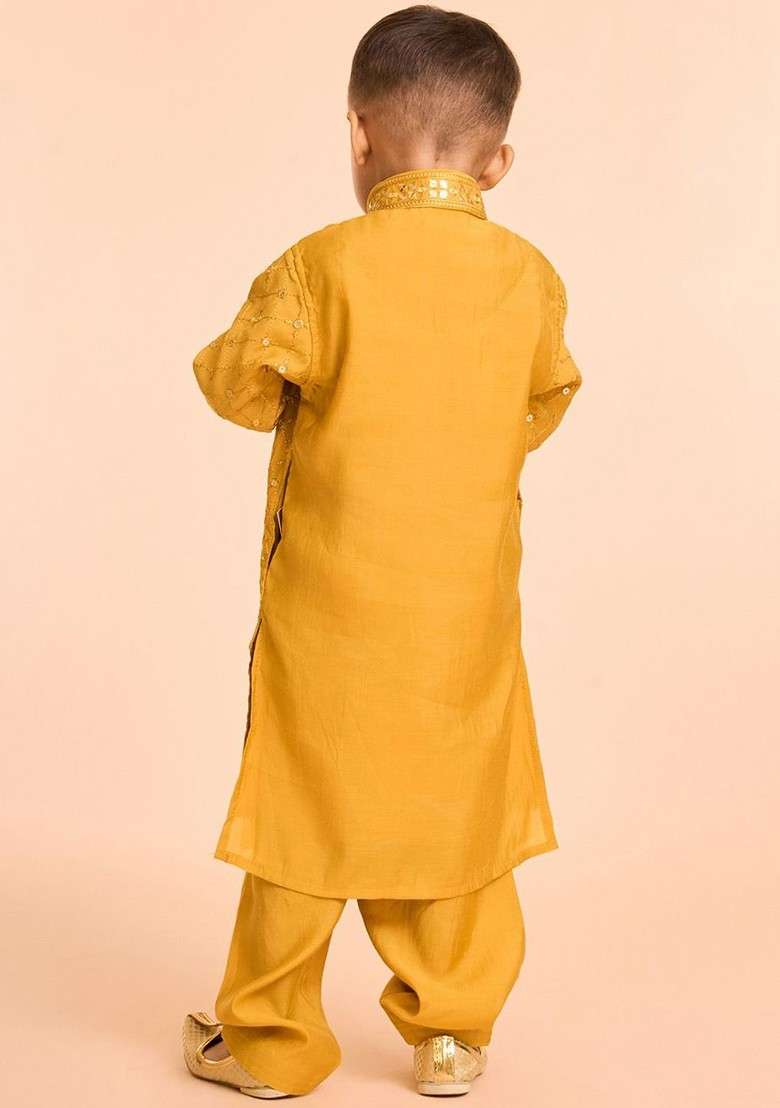 Yellow Embroidered Blended Kurta Set For Boys - Indya