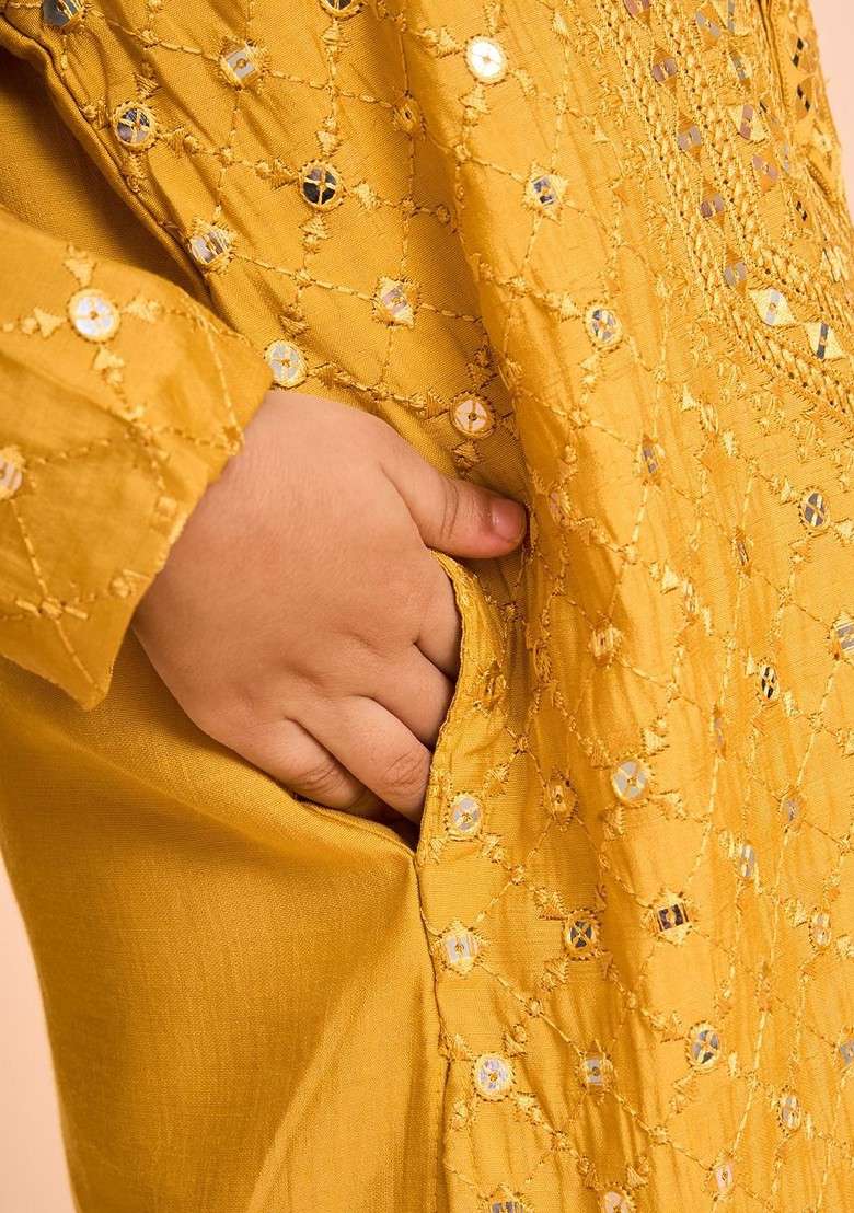 Yellow Embroidered Blended Kurta Set For Boys - Indya