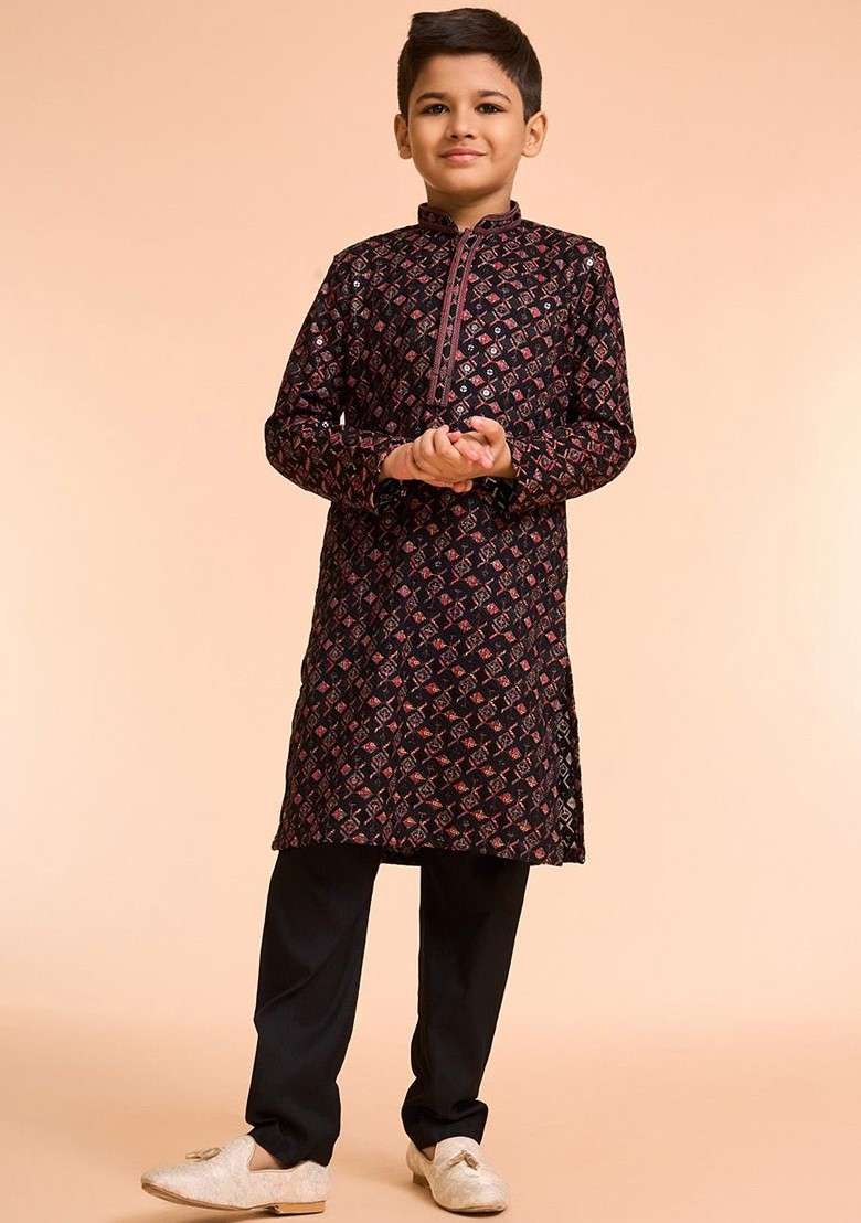 Black Woven Design Blended Kurta Set For Boys - Indya