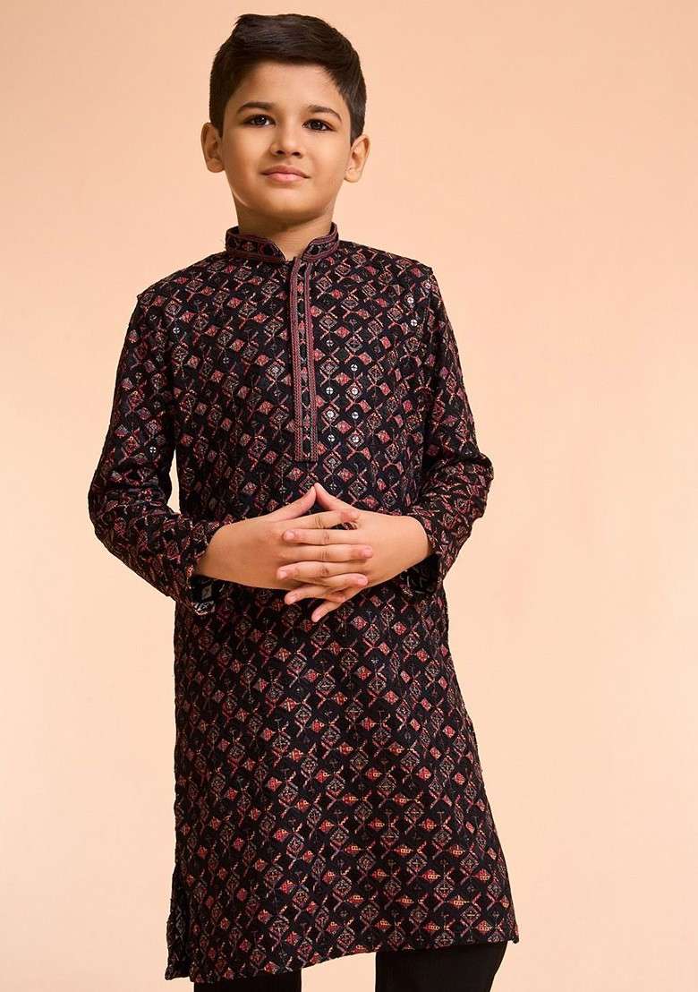 Black Woven Design Blended Kurta Set For Boys - Indya