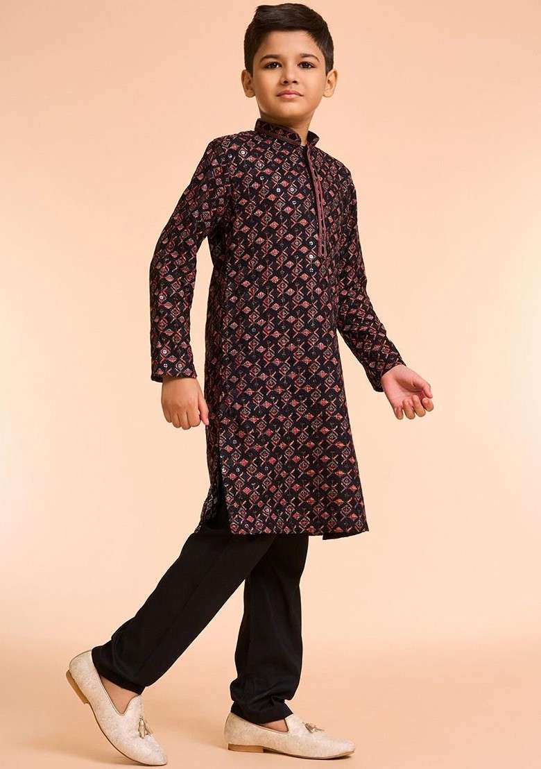 Black Woven Design Blended Kurta Set For Boys - Indya