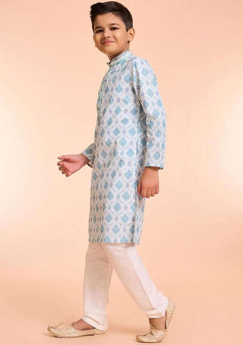 Blue Embroidered Blended Kurta Set For Boys - Indya