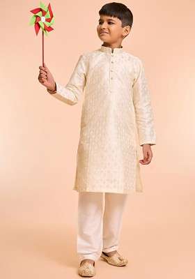 Cream Embroidered Silk Kurta Set For Boys