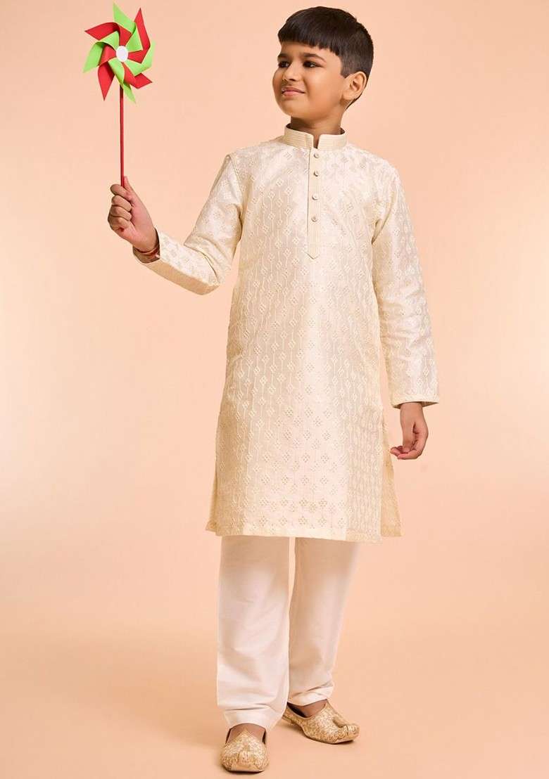 Cream Embroidered Silk Kurta Set For Boys - Indya