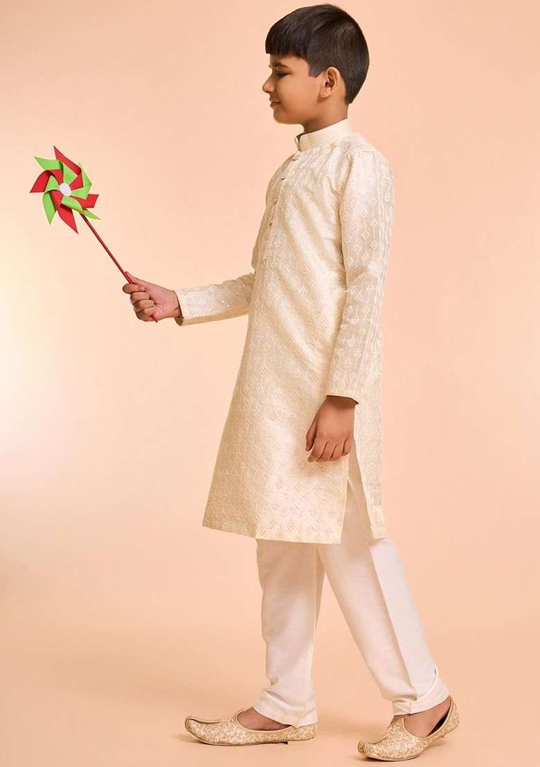 Cream Embroidered Silk Kurta Set For Boys - Indya