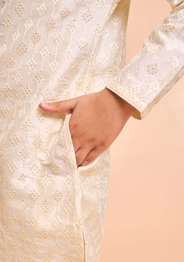 Cream Embroidered Silk Kurta Set For Boys - Indya