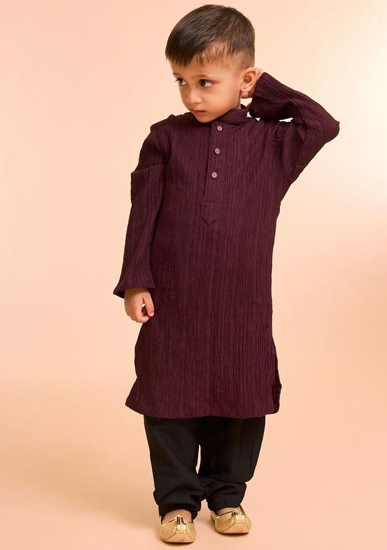 Burgundy Embroidered Blended Kurta Set For Boys - Indya