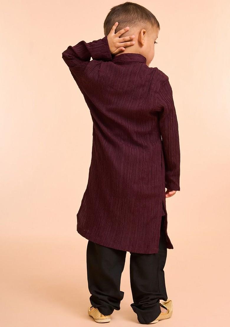 Burgundy Embroidered Blended Kurta Set For Boys - Indya