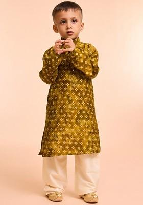 Green Printed Blended Nehru Jacket Set For Boys