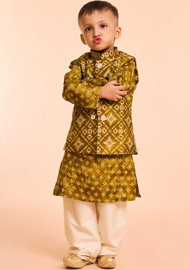 Green Printed Blended Nehru Jacket Set For Boys - Indya