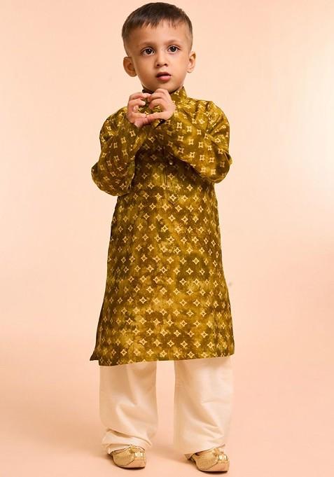 Green Printed Blended Nehru Jacket Set For Boys — view on Indya