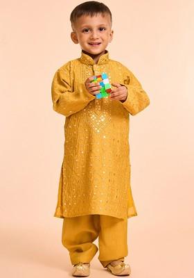 Orange Woven Design Blended Kurta Set For Boys
