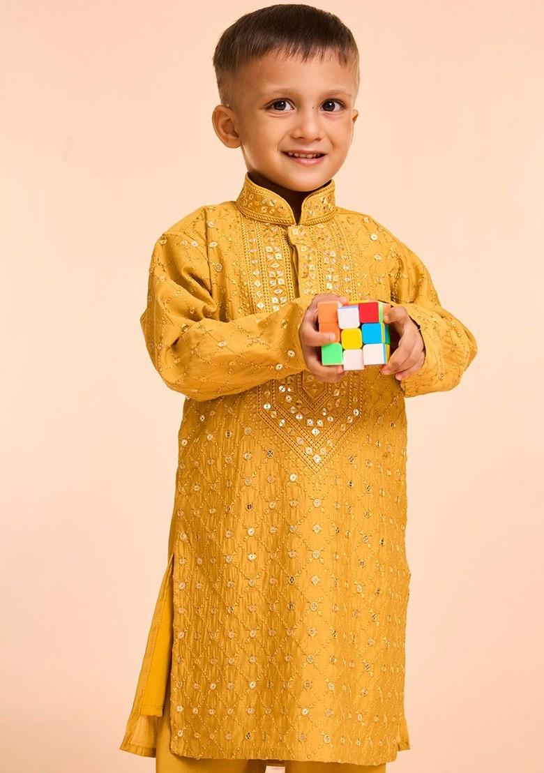 Orange Woven Design Blended Kurta Set For Boys - Indya