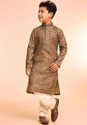 Green Printed Blended Kurta Set For Boys
