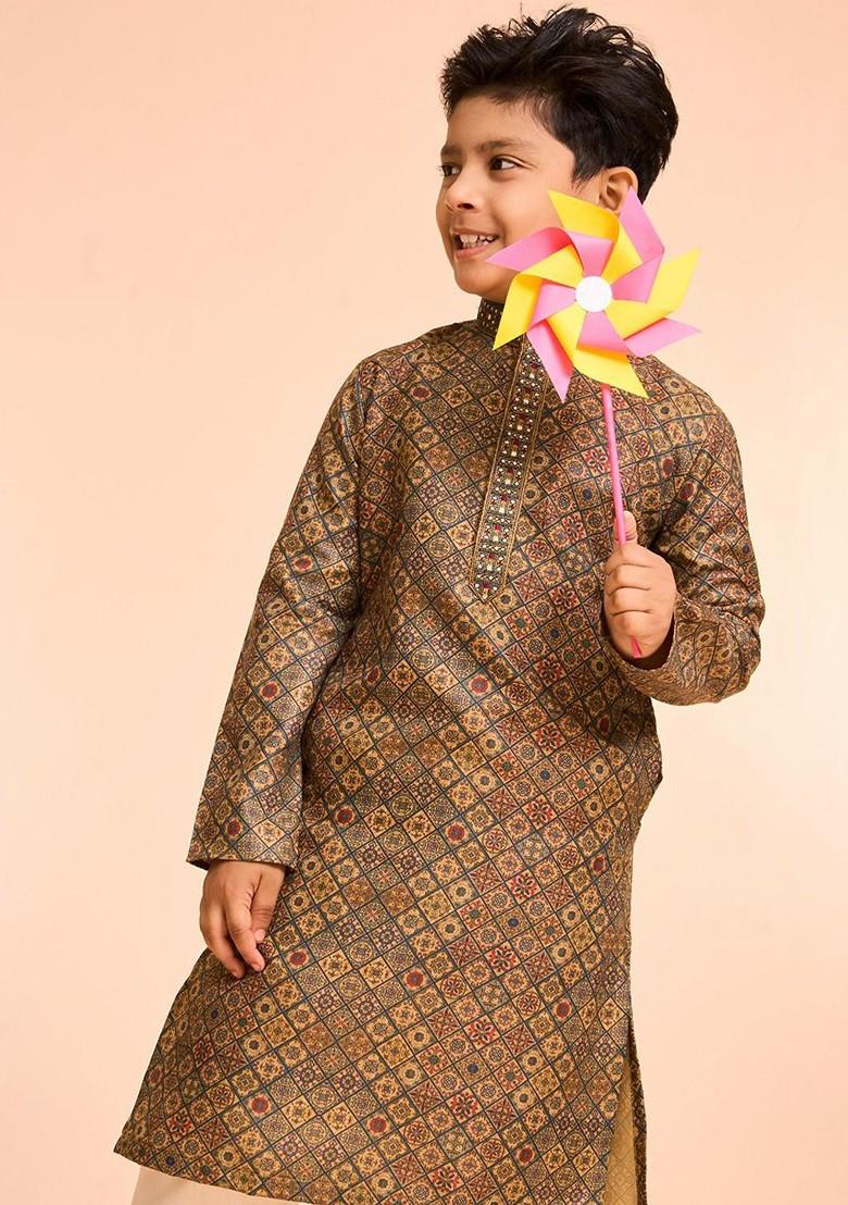 Green Printed Blended Kurta Set For Boys - Indya