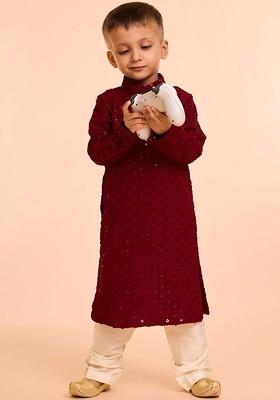 Maroon Embroidered Blended Kurta Set For Boys