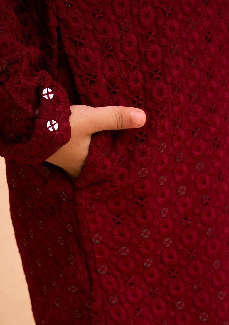 Maroon Embroidered Blended Kurta Set For Boys - Indya