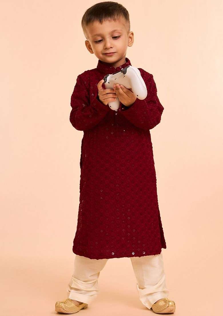 Maroon Embroidered Blended Kurta Set For Boys - Indya