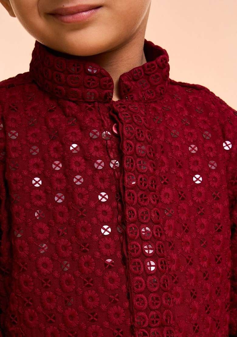 Maroon Embroidered Blended Kurta Set For Boys - Indya