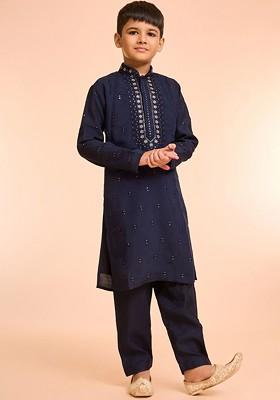 Blue Embroidered Blended Kurta Set For Boys