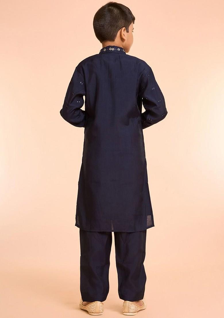 Blue Embroidered Blended Kurta Set For Boys - Indya
