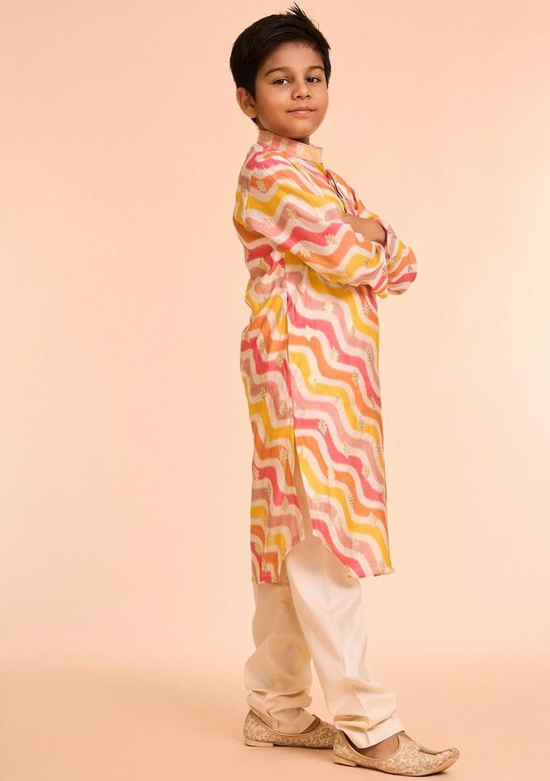 Cream Printed Blended Kurta Set For Boys - Indya