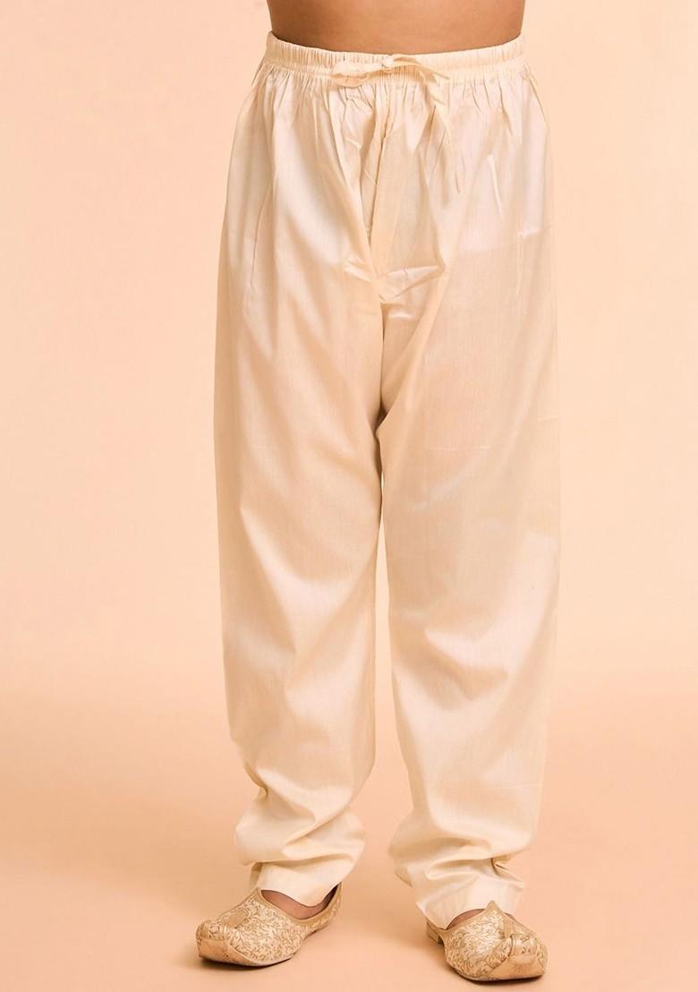 Cream Printed Blended Kurta Set For Boys - Indya